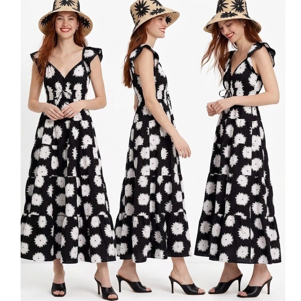 Kate Spade Pom Pom Smocked Floral Tiered Dress Medium Black White Seersucker